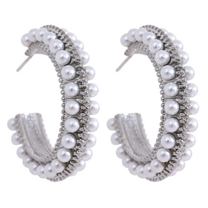 Pearl Semi Hoop Earring Luxoba SIlver 