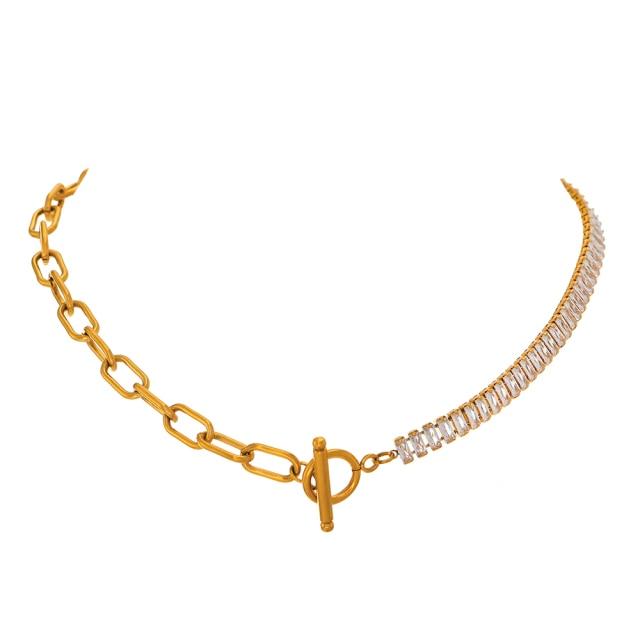 18K Gold Link and Cubic Zirconia Necklace Luxoba 